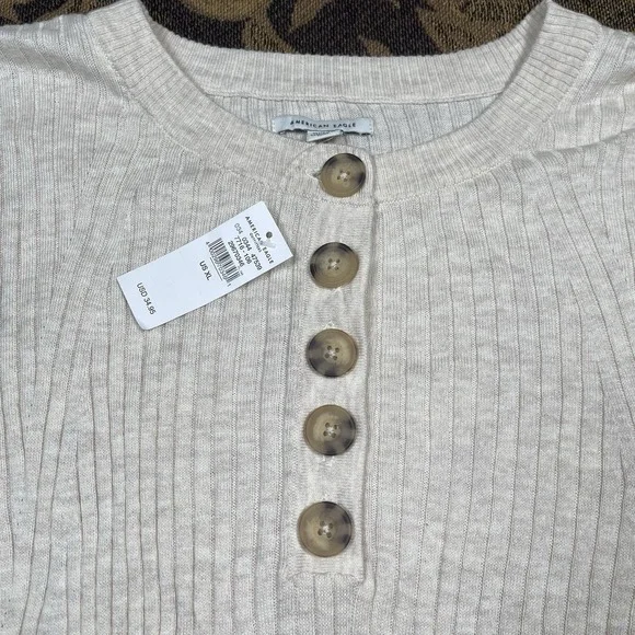 American Eagle Cropped Henley Pullover Sweater Oatmeal Womens Size XL New W Tags - Picture 2 of 8